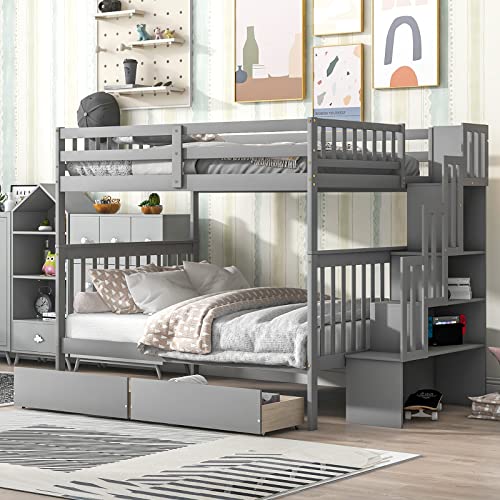 Tatub Full Over Full Bunk Bed With Stairs, Drawers, Wood Bunk Bed Frame And Stairway With Guard Rails For Kids, Teens, Boys And Girls, Bedroom, Dorm, No Box Spring Needed, Grey #TOP18
