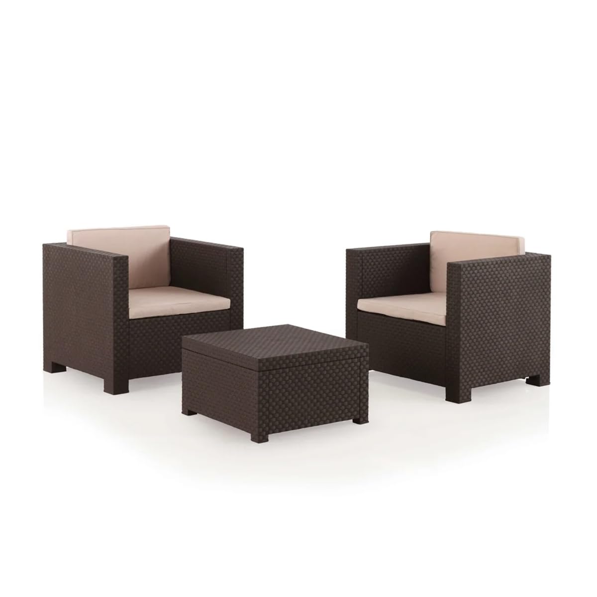 SP Berner - Set de Muebles de Jardín y Terraza Diva Tete a Tete Color Wengue - 2 Sillones y Mesa de Centro con Almacenaje - Fabricado en España con Plástico Reciclado