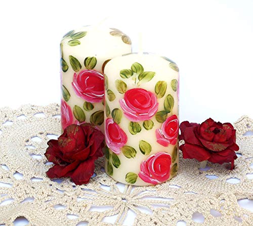 Romantic Decorative Hand Painted Pink Roses Large 3 Inch Tall Ivory Votive Candles Set Of 2 Victorian Shabby Chic Decor #TOP3