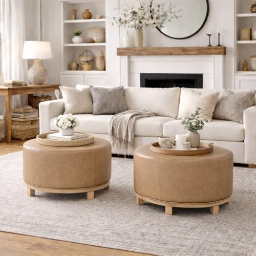 Image of HomePop 32 inch Haven Ottoman with Wood Base - Sand Faux Leather