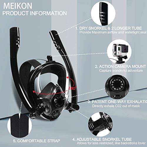 Meikon Snorkel Mask Full Face Anti - Fogging Scuba Diving Mask With Double Tube Mask Free Breathing 180° Panoramic Viewing Anti-Fog Anti-Leak Camera Mount Snorkeling Mask For Adults Teenagers #TOP1