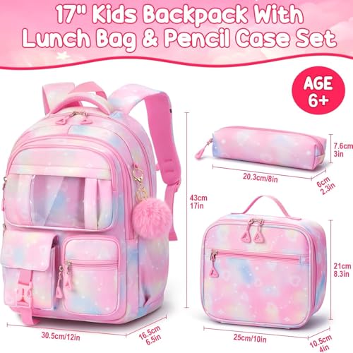 Image of Fimibuke Kids Backpack for School Girls, Waterproof Backpack w /Lunch Box | 3Pcs Lightweight Girls Pink Bookbag w / Lunch box & Pencil Pouch Combo, Cute Bag for Ages 6+ Elementary Middle School Teens
