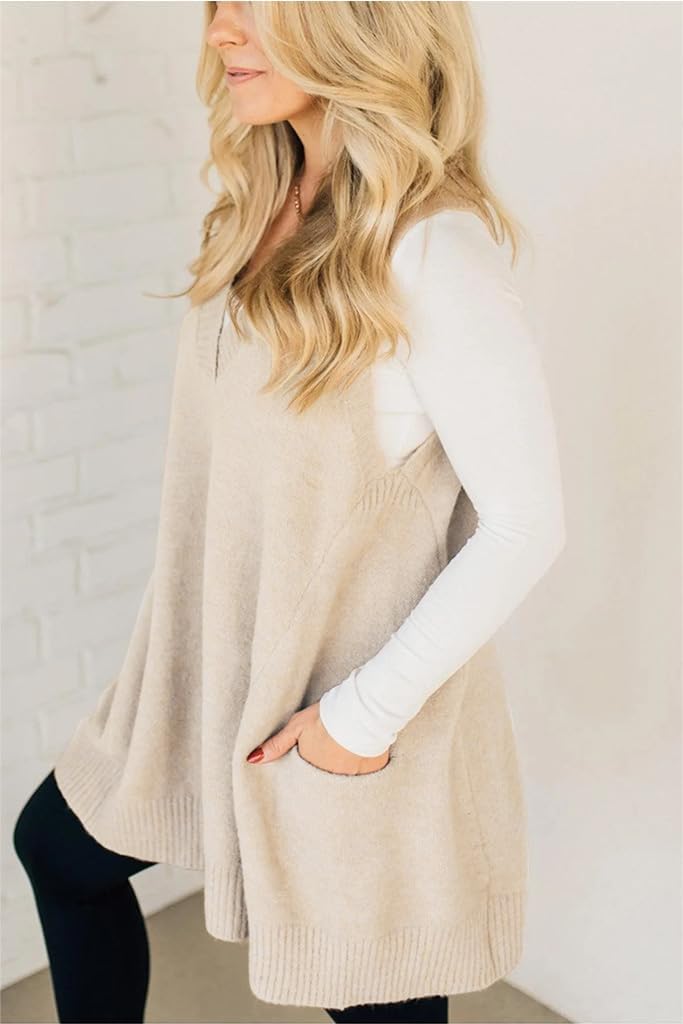 yoeasy Womens Sweater Vest Sleeveless V Neck Loose Fit Knit Casual A Line Tunic Pullover Top with Pockets - Image 3