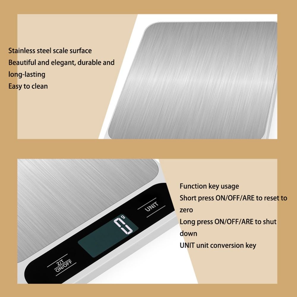 Báscula Digital de Cocina con Pantalla LCD, 6 Unidades con Función de Tara, Báscula de Café for Alimentos Báscula Digital Electrónica Inteligente Impermeable for Hornear y Cocinar, Acero Inoxidable Fá