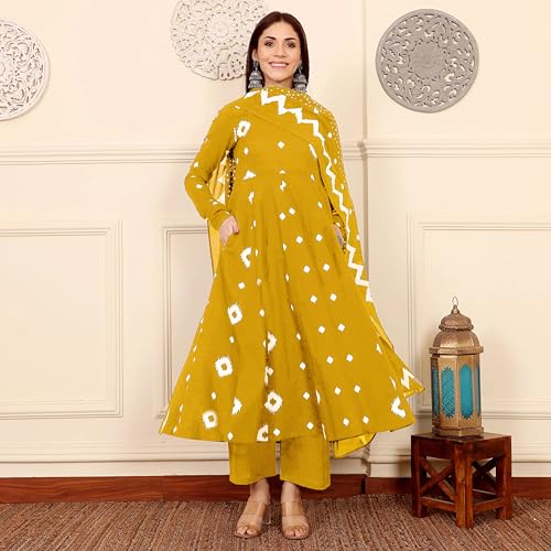 Image of ANNI Designer | Rayon Anarkali Printed Kurta with Pant & Dupatta | Cotton Kurta Set for Women | Stylish Co-Ord Set with Dupatta Ethnic Dress for Women