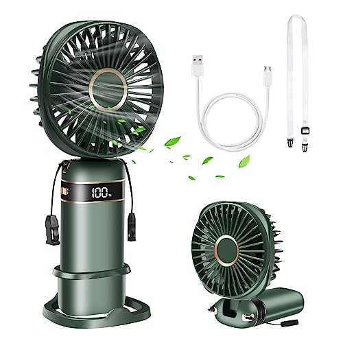 L J UnJeu USB Rechargeable Handheld Fan – Mini Portable Fan 5 Speeds – Lightweight and Compact – USB Charging Function – Base Included… (Green)