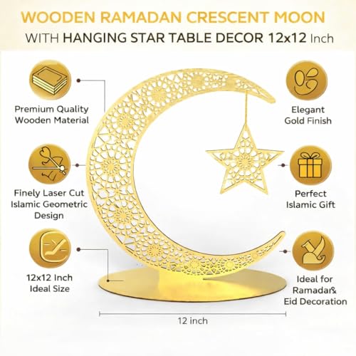 Image of Ramadan Crescent Wooden Moon with Hanging Star Table Decor 12x12 Inch Islamic Decoration for Home Showpiece for Desk, Living Room & Festive Gift Gold Finish Decorative Stand