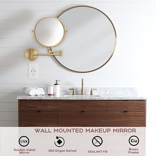 Miniatura 2 de Espejo de maquillaje de baño de 8 pulgadas montado en la pared, espejo giratorio 360 con aumento, brazo extensible, 1X5X de dos caras, material de