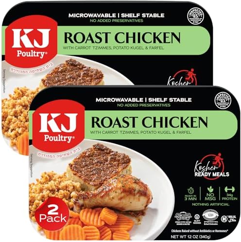 KJ Poultry Kosher Ready Meals - Bone In Chicken & Kugel, MRE Meat Meals Ready to Eat, Shabbos Food, Halal, (2 Pack) Prepared Entree Fully Cooked, Shelf Stable Microwave Dinner Travel Military Camping