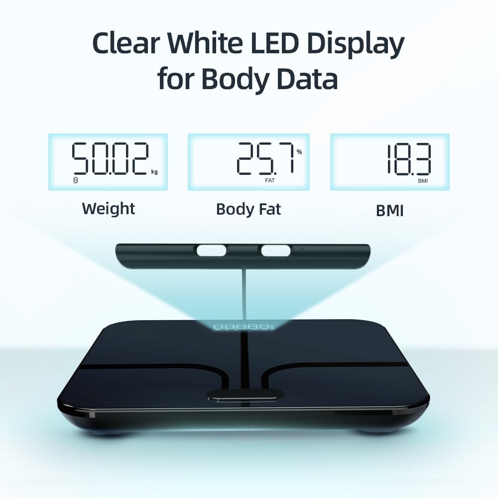 Fitdays FI2211WB-Waage für Körpergewicht und Fettanteil, 8 Elektroden, hochpräzise Digitalwaage für BMI 20 Körperzusammensetzung, intelligente Badezimmerwaage mit großem Farbdisplay (FI2211WB),