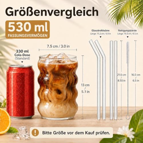 ALINK Gerippte Trinkgläser 4er Set, 530 ml Bubble Gläser mit Glasstrohhalmen, Wave Glas Becher für Eiskaffee, Cocktails, Saft… – Ansicht 2