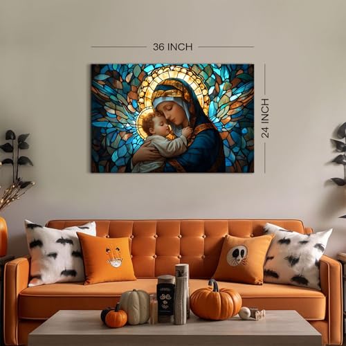Image of Vintage Christian Canvas Wall Art Virgin Mary Embrace with Sleeping Infant Jesus Paintings Wall Decor Modern Aesthetics Posters Religious Framed Artwork for Nursery Room Bedroom Home Decoration 24x36 inch