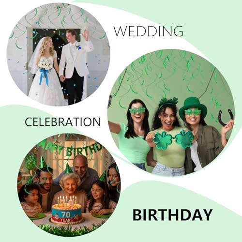 Image of Green Hanging Swirls Party Decorations 30 Pack- Extra Long Double Swirl Ceiling Decorations for Minecraft Birthday, Christmas, Wedding, St.Patrick's Day| Reusable Green Party Streamers with Hooks