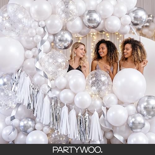 Image of PartyWoo Pearl White Balloons 145pcs Different Sizes Pack of 18 12 10 5 Inch Metallic White Latex Balloon Arch Kit Garland for Wedding Graduation Baby Shower Birthday Party Decorations White-Z30