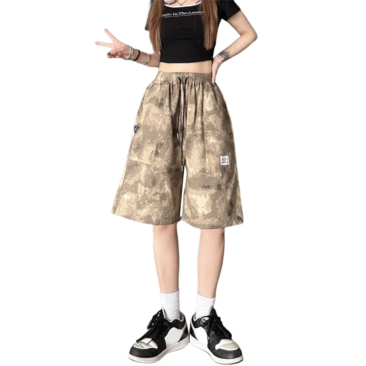 Linsennia Cargo Shorts Damen Camouflage hoch taillierte Y2k Bermuda Shorts mit Taschen Knielang Casual