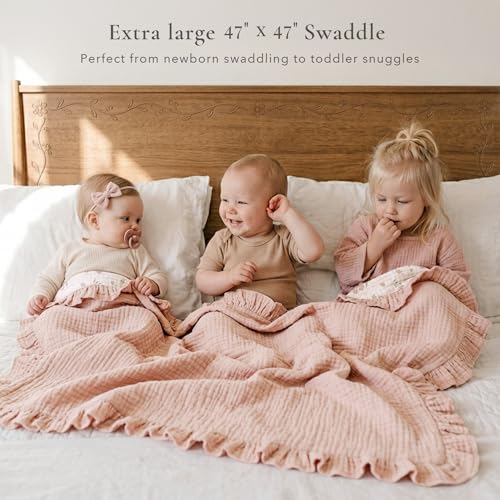 Image of Konssy Flounce Muslin Baby Blanket for Girls Boys 47 x 47 Inches, 100% Cotton Soft Crib Swaddle Blankets, Reversible & Breathable Nursery Bedding for Newborns Toddlers (Blossom)
