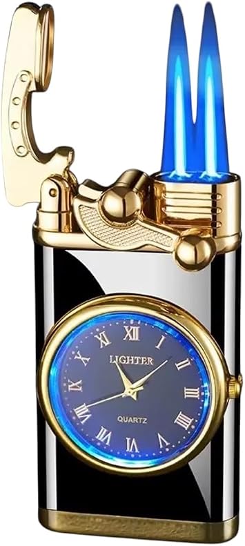 Windproof Vintage Lighter with Watch, Dual Blue Jet Torch Flame, Creative Clock Dial Rocker Arm,Windproof Portable Candle Black