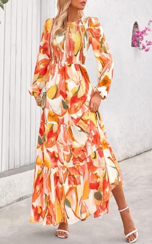 Image of PRETTYGARDEN Women's Fall Dresses 2026 Long Sleeve Flowy Casual Floral Maxi Dress Crew Neck Smocked Tiered Long Dress