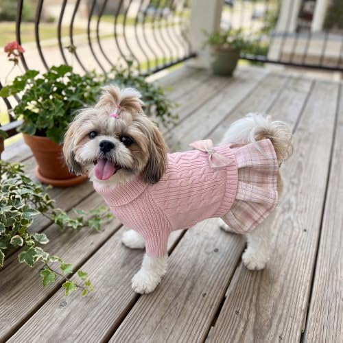 Image of YUDODO Small Dog Sweater Dress with Bowtie Turtleneck Knitted Pet Clothes