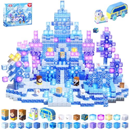 200 PCS Light Up Magnetic Blocks Transparent Magnetic Building Block for Blue Snow Princess Castle Frozen Magnet Cubes STEM Toys for Girls Age 3 4 5 6 7 8 9 10 11 12 13 Birthdays Gift for Kids