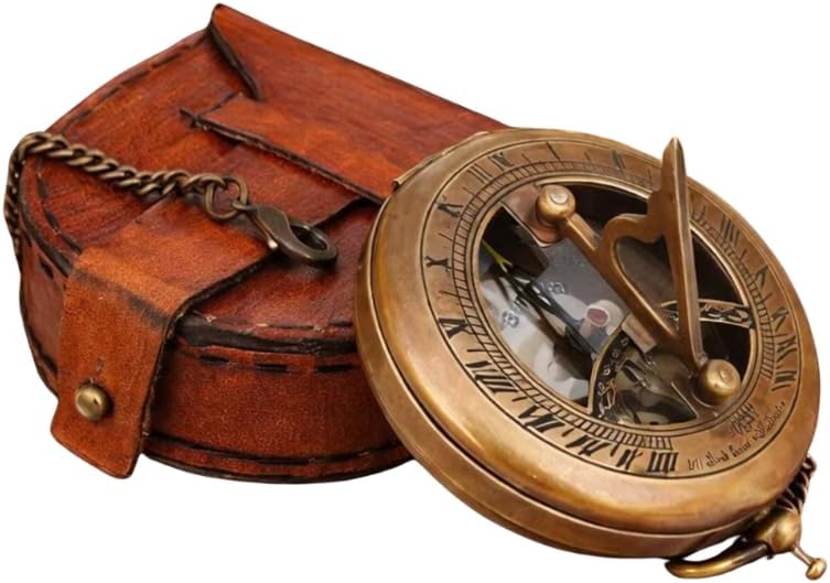ROYAL CRAFT Brass Sundial Push Open Compass with Leather Case, Antique Finish, Handmade, 3 Inch, Steampunk Style, Gift for Men
