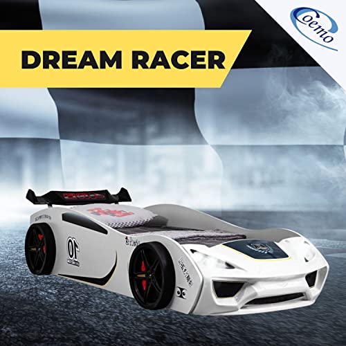 Coemo Kinder Autobett Dream Racer Kinderbett 90x200 im Rennwagen Design mit LED Beleuchtung und Lattenrost für Jungen und Mädchen - Betten Farbe Weiß - Rennbett