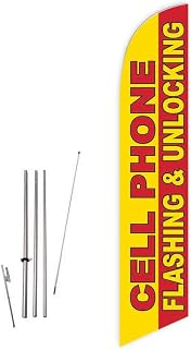 Cell Phone Flashing & Unlocking (Yellow/Red) Feather Flag with Complete 15ft Pole kit and Ground Spike