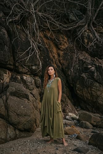 Image of Thaluta Women's Boho Cotton Sleeveless Dress Casual Loose Fit Maxi Dress with Big Pockets Fair Trade Light Summer Sundress
