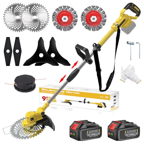 Decespugliatore a Batteria 21V, Tagliabordi a Batteria 4 In 1, con Spazzola per Erbacce e 2 Batterie...