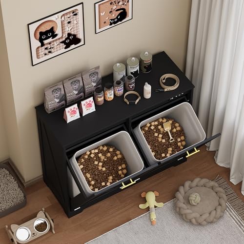 Image of Double Tilt Out Trash Can Cabinet, Wooden Farmhouse Kitchen Garbage Bin Enclosure with Negative Ion Odor Control, Hidden Dog Proof Trash or Laundry Basket Storage for Laundry Room, Black