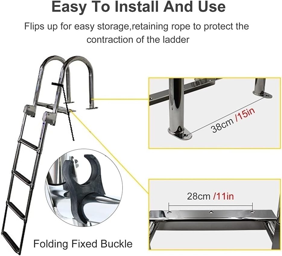 Swimming Pool Safety Handrail Kit Rear Entry Telescoping Boat Ladder with Inboard Handrail, 4 Step, Folding Upper Platform Pontoon Ladder for Swim Pool/Marine/Dock/, Stainless