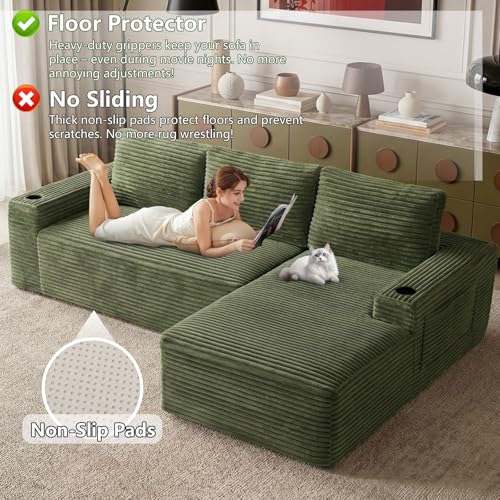 Image of 104.3 inch Modular Sectional Sofa,Modern Corduroy Cloud Couch with Cup Holder & Side Pockets,Boneless Couch Upholstered 4-Seater L-Shaped Sofa for Living Room,No Assembly (Green, Right-Facing Chaise) | with Cup Holder