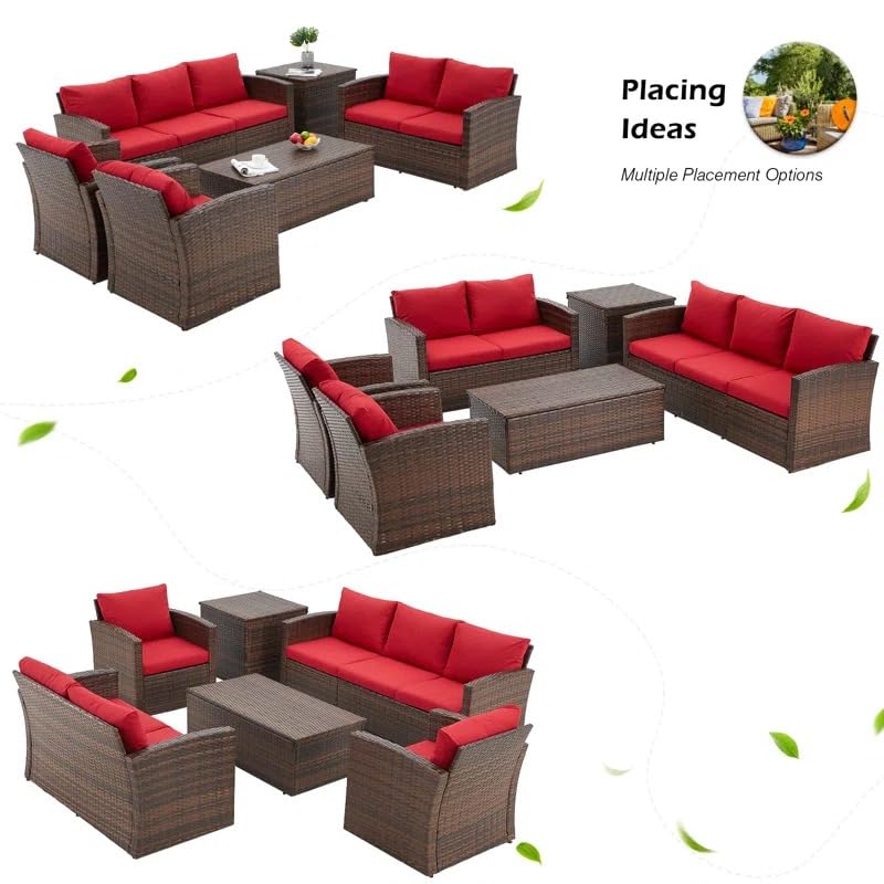 Image of 7 Seater Outdoor Conversation Set Patio Furniture Set All Weather Wicker Sectional Couch Sofa Dining Table Garden, Poolside, Balcony, Backyard.(Dark Brown and Red Color)