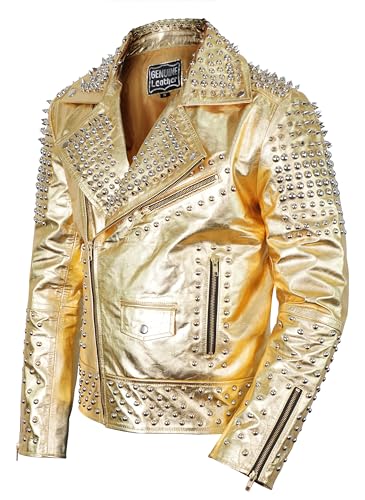 Image of Men's Studded Cowhide Leather Biker Jacket - Punk Rock Spiked Brando Coat