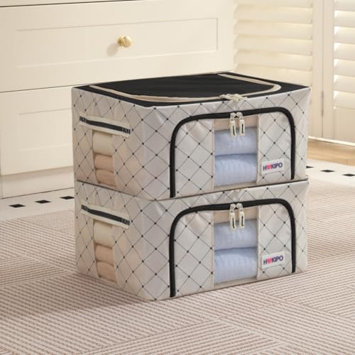 Image of HOKIPO 24L Folding Storage Box and Organiser for Clothes, 600D Oxford Fabric Storage Box, Ivory Noir Pack of 2 (AR-6484-BLK*2)