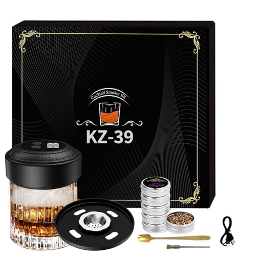 Electric Whiskey Smoker Kit with 6 Wood Chips (Patent Pending) No Butane Needed Bourbon Smoker Kit with RGB light and battery level display Gifts for Men Husbands Fathers (KZ-39)