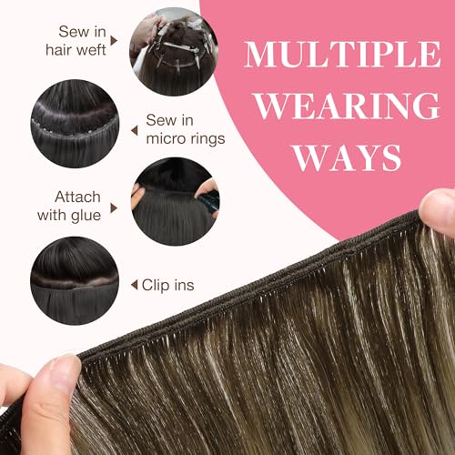 Image of GOO GOO Sew in Hair Extensions Real Human Hair, Weft Hair Extensions Human Hair, 4 /26 /4 Balayage Chocolate Brown to Honey Blonde 14inch 100g, Weft Bundles Straight Silky Remy Hair