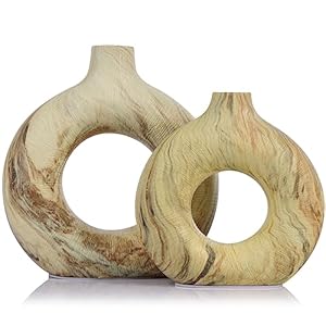 Lot de 2 vases en céramique – Vase rond en forme de beignet – Décoration moderne – Vase de table rustique vintage pour salon, salle à manger, cuisine, bohème, ferme, mariage et décoration de la maison