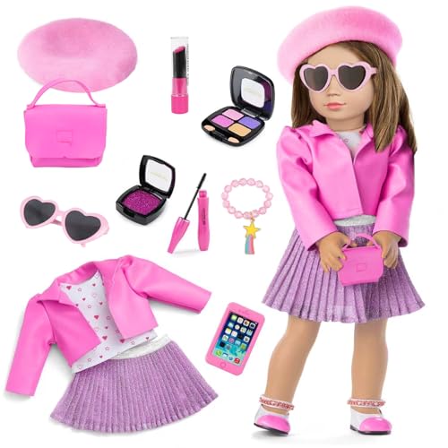 American 18 Inch Doll Makeup Accessories And Clothes,Tote Bag Set For 18' Dolls Include Berets Outfits Sunglasses Phone Eye Shadow Lipstick Blusher Bracelets Eyelash Brush Toy Stuff(No Doll And Shoes)