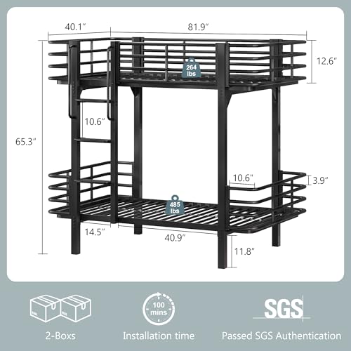 Image of iPormis Metal Bunk Bed Twin Over Twin, Heavy Duty Bunk with High Guardrail and Ladder with Built-in Handrails & Wide Steps, Under-Bed Storage Space, Easy Assembly, Noise Free, Black