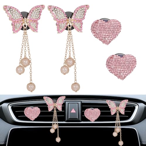 Image of 4 Pcs Heart and Butterfly Pandent Air Vent Clips, Car Air Fresheners Vent Clip, Crystal Car Vents Accessories, Bling Airs Vents Clips Cars Accessories