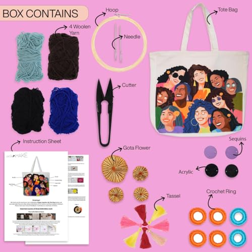 Image of picknMAKE DIY Embroidery Tote Bag for Women - Stylish & Aesthetic Office Bag | Customizable with Sequins, Crochet Rings, Gota Flowers & Tassels | 16 inch x 16 inch with Zipped Pocket All Materials Included
