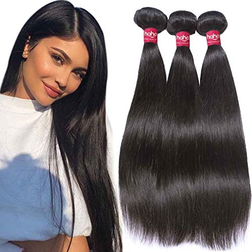 Haha 10A Grade Straight Hair Bundles Brazilian Virgin Hair Silky Straight Weave Hair Human Bundles 12 14 16 Inches Unprocessed Remy Human Hair Extensions Natural Black