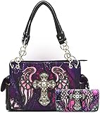 Camouflage Cross Wings Western Style Concealed Carry Purse Country Handbag Women Shoulder Bag Wallet Set (Purple Set)
