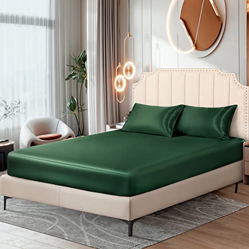 Image of Ersmak Satin Fitted Sheet Only, Luxury Silky Queen Fitted Sheet Ultra Soft Deep Pocket Bottom Sheet, Wrinkle & Fade Resistant - Emerald Green
