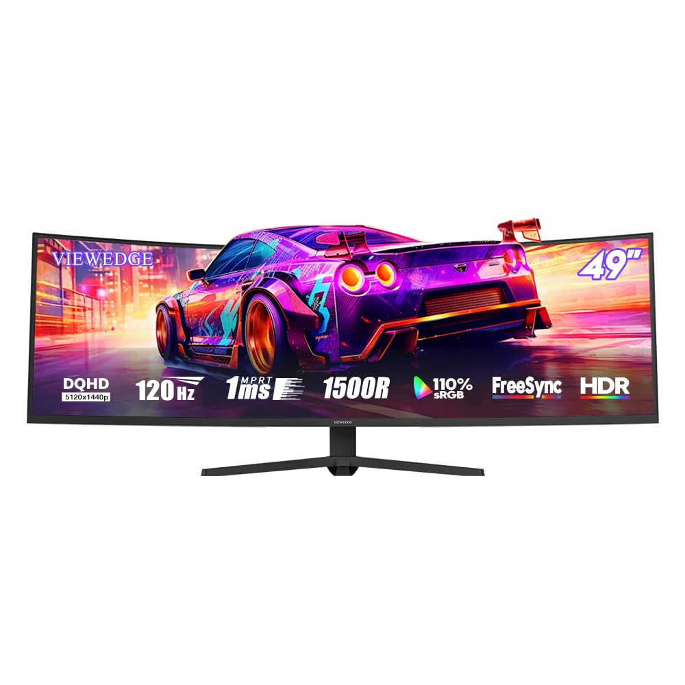 Viewedge 49" Curved Monitor Ultrawide Gaming 120Hz 1ms 32:9 DQHD 5120 x 1440P Computer Monitor, R1500, 110% sRGB, DisplayPort, HDMI,Support Crosshair