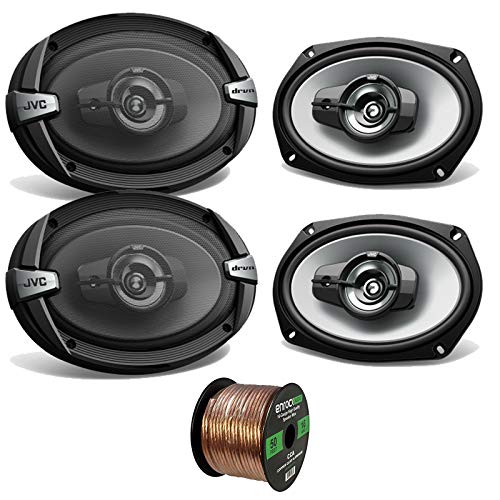 Car Speaker Bundle Combo: 2 Pairs of JVC CS-DR693 6x9  Inch 4-Way 1100 Watt Audio Coaxial Upgrade Speakers + Enrock 50 Foot 16 Gauge Speaker Wire