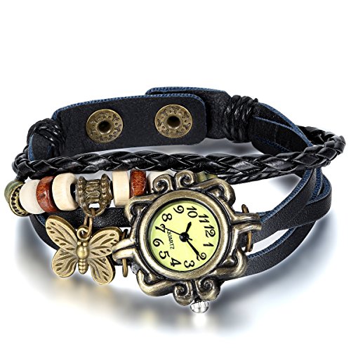 JewelryWe Damen Armbanduhr, Retro Vintage Analog Quarz Uhr mit Schmetterling Beads Kugeln Charm Leder Armkette Armband, Schwarz
