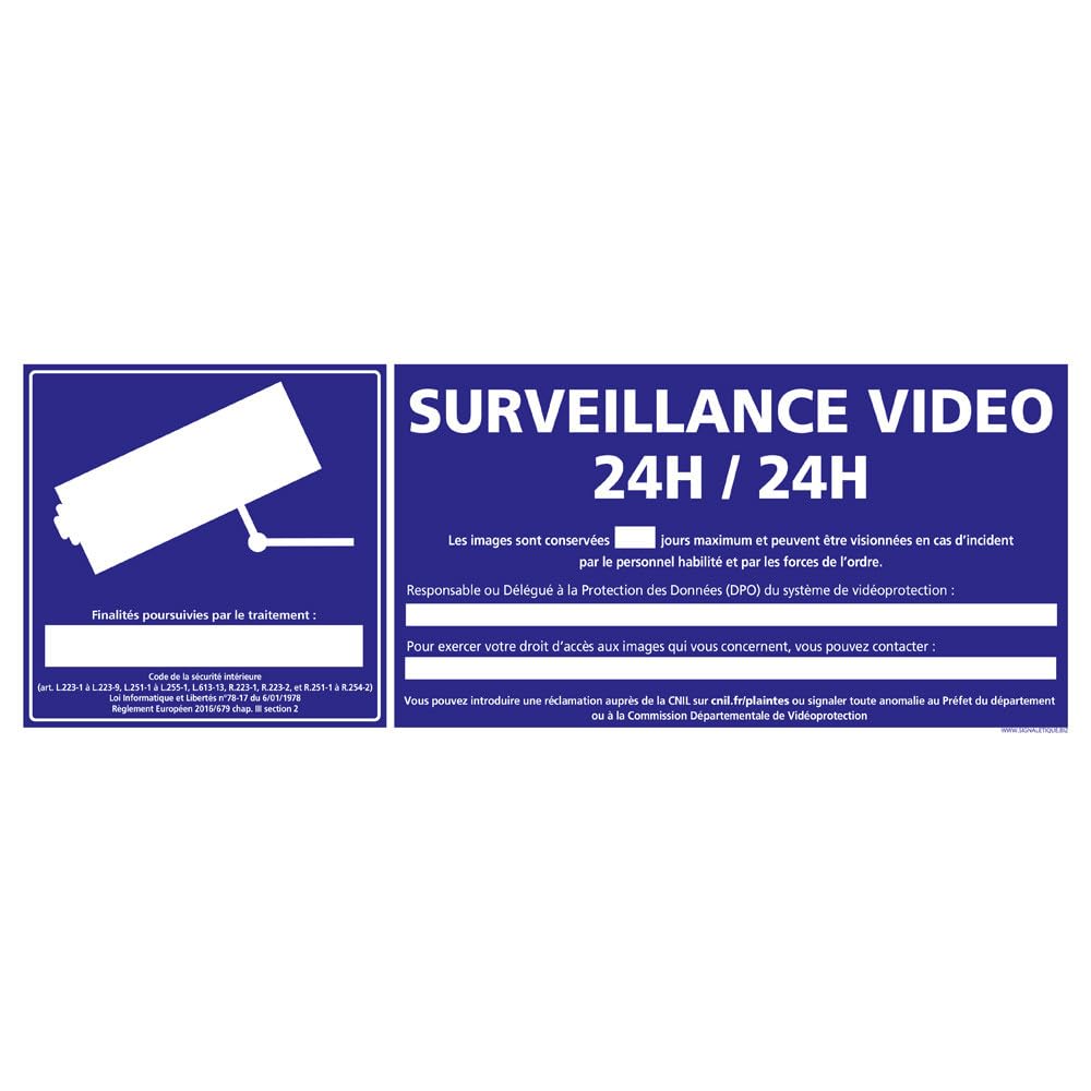 Signalétique.​biz France - Panneau Information Surveillance Vidéo 24 h/​24. G0325. Signalisation Information Sécurité personnalisable - 210 x 75 mm - Adhésif