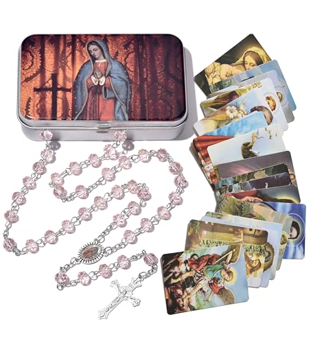 SZQCZB Crystal Rosary Bead Catholic for Women, Our Lady of Guadalupe Medal with Metal Box and 18Pcs Prayer Cards